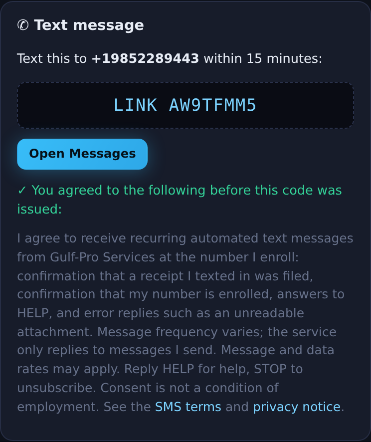 The same card after ticking the box and tapping Link my number: Text this to +19852289443 within 15 minutes, above a one-time code in the form LINK followed by eight characters.